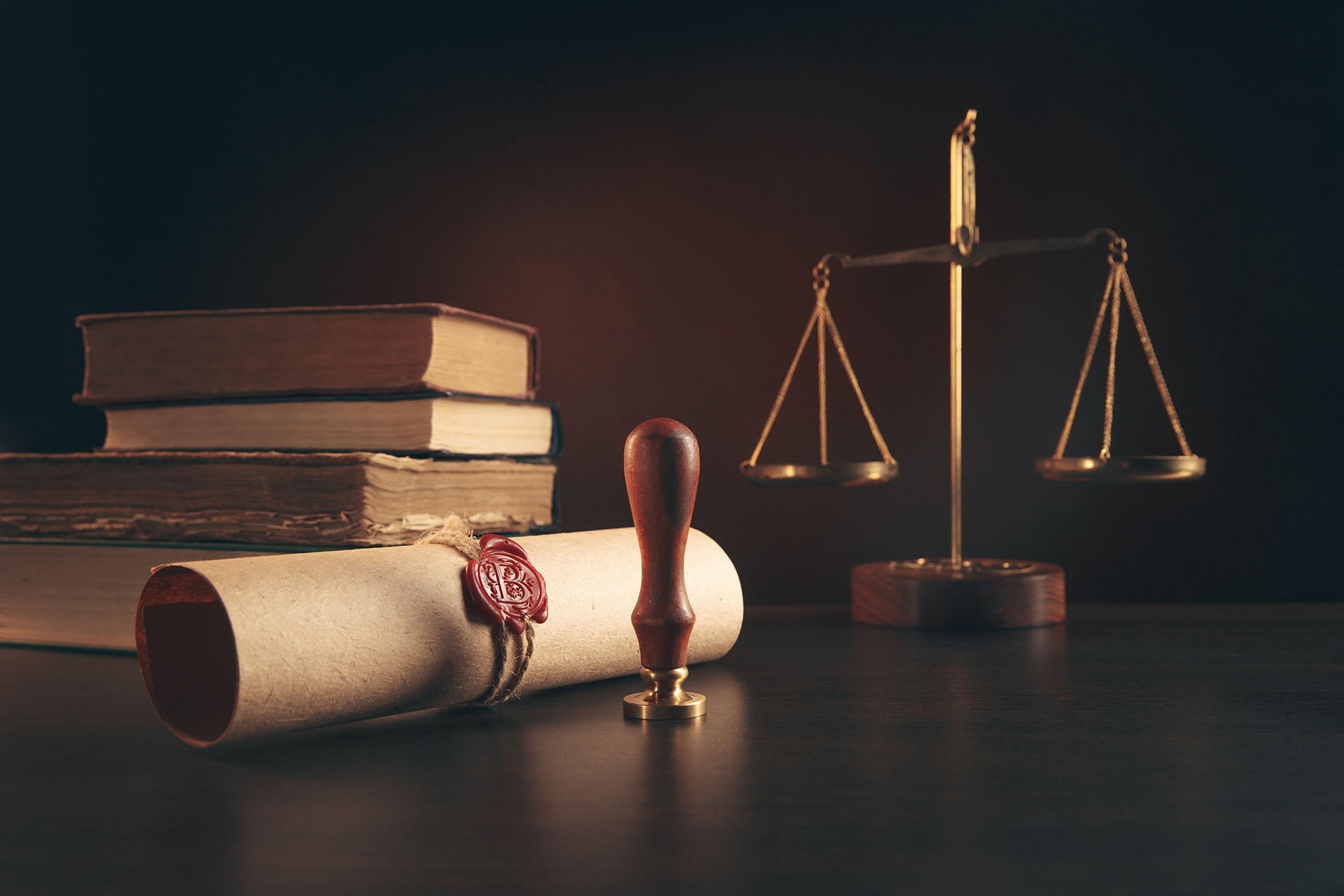 Law books with a stamped article