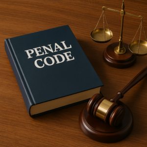 Hardcover book titled Penal Code on a desk beside a judge's gavel and brass balance scales, symbolizing law and justice
